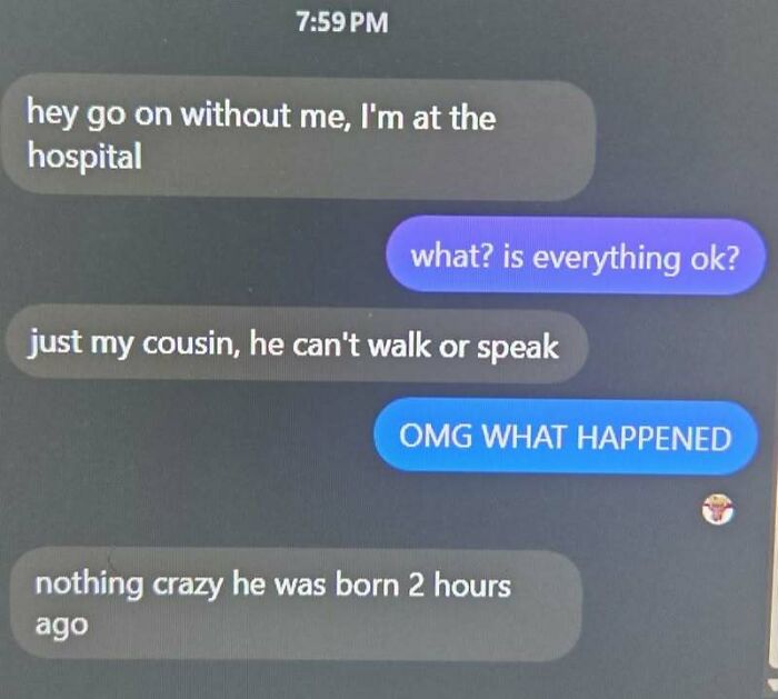 A text conversation about a newborn cousin, featuring hilarious memes style.