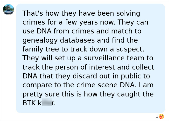 A detailed social media comment explaining how DNA from ancestry tests solves crimes, leading to a grandma's homicide arrest.