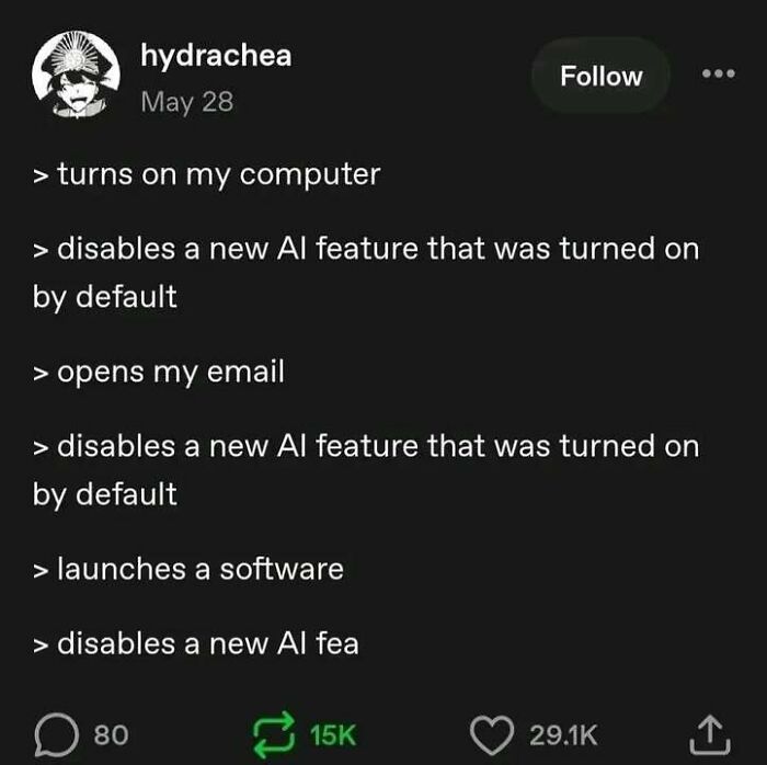 A social media post about disabling AI features, perfect for hilarious memes.