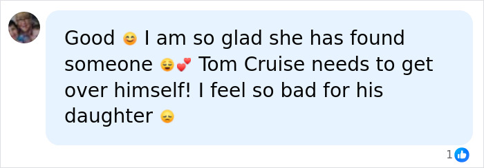 Social media comment mentioning Tom Cruise and his daughter, wishing happiness for Katie Holmes new boyfriend. Social media comment mentioning Tom Cruise and his daughter, wishing happiness for Katie Holmes new boyfriend.