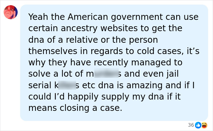 Screenshot of social media comment discussing DNA test used by government for cold cases.