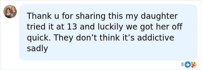 A social media comment from a parent about their daughter's vaping habit, emphasizing the health scare and quitting. A social media comment from a parent about their daughter's vaping habit, emphasizing the health scare and quitting.