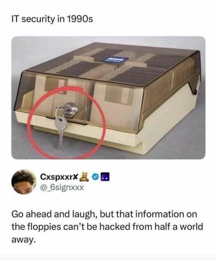 A post about 1990s IT security with floppy disks in hilarious memes about cybersecurity.