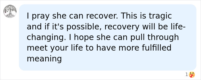 A chat bubble with the text: I pray she can recover. This is tragic and if it's possible, recovery will be life-changing. I hope she can pull through meet your life to have more fulfilled meaning. This references Emily Willis' family's revelation about her conscious locked-in state.