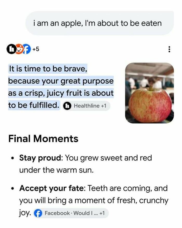 An AI generated search result advising an apple on how to accept its fate of being eaten, creating hilarious memes.