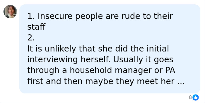 Screenshot of a comment discussing insecure people being rude to staff and Meghan Markle's interview process. Screenshot of a comment discussing insecure people being rude to staff and Meghan Markle's interview process.