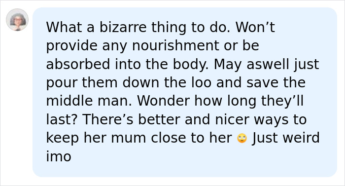A Stage Actress eats ashes for good luck. An image of a comment saying What a bizarre thing to do. Won't provide any nourishment or be absorbed into the body.