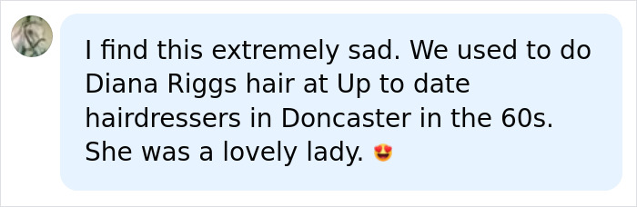 A comment about actress Diana Rigg and her hair, expressing sadness for the Game of Thrones icon.