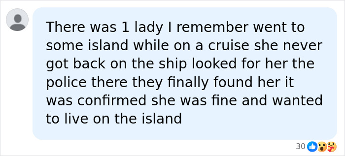 Social media comment about a passenger leaving a cruise ship on an island. Social media comment about a passenger leaving a cruise ship on an island.