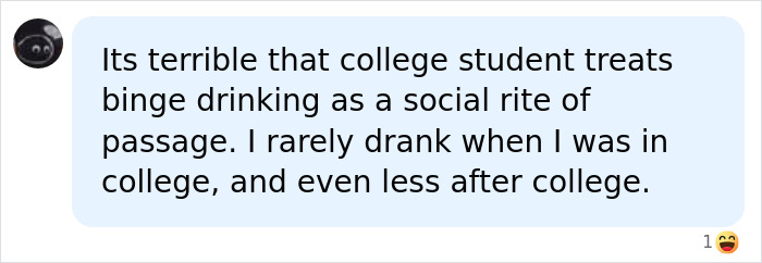 Social media comment discussing college binge drinking and sepsis symptoms awareness.