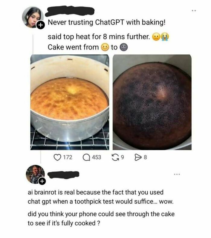 Hilarious meme comparing a golden-brown cake to a burnt cake next to social media commentary on using ChatGPT.