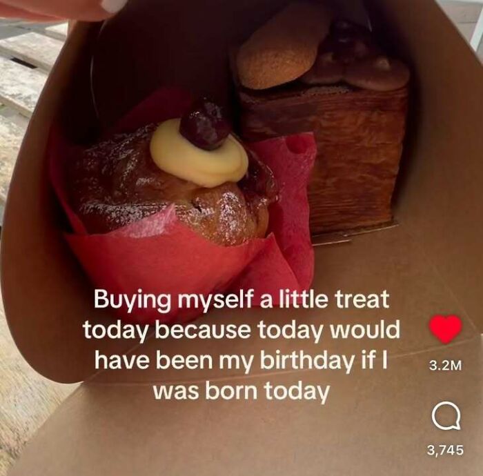 A humorous social media post about buying a birthday treat, making for edgy memes content.