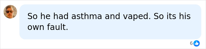 A social media comment implying personal responsibility for a teen's vaping habit and health issues like asthma. A social media comment implying personal responsibility for a teen's vaping habit and health issues like asthma.
