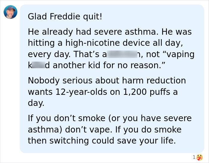 A comment supporting Freddie for quitting his vaping habit and highlighting the dangers of high-nicotine vaping for teens. A comment supporting Freddie for quitting his vaping habit and highlighting the dangers of high-nicotine vaping for teens.
