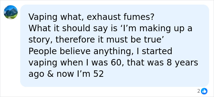 A social media comment expressing disbelief about a teen's vaping habit and the health scare, suggesting a fabricated story. A social media comment expressing disbelief about a teen's vaping habit and the health scare, suggesting a fabricated story.