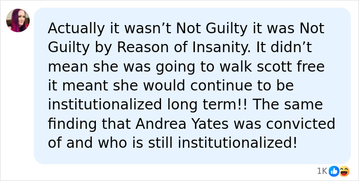A social media comment clarifying the Not Guilty by Reason of Insanity verdict in the Lindsay Clancy case. A social media comment clarifying the Not Guilty by Reason of Insanity verdict in the Lindsay Clancy case.