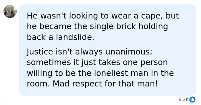 A social media post about the Lindsay Clancy case, praising a juror for being the single brick holding back a landslide. A social media post about the Lindsay Clancy case, praising a juror for being the single brick holding back a landslide.