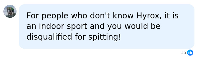 Social media comment about HYROX race rules, stating it is an indoor sport where spitting can lead to disqualification.