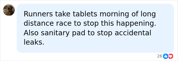 Social media comment on HYROX race, suggesting runners take tablets and use sanitary pads to prevent leaks during a long distance race.