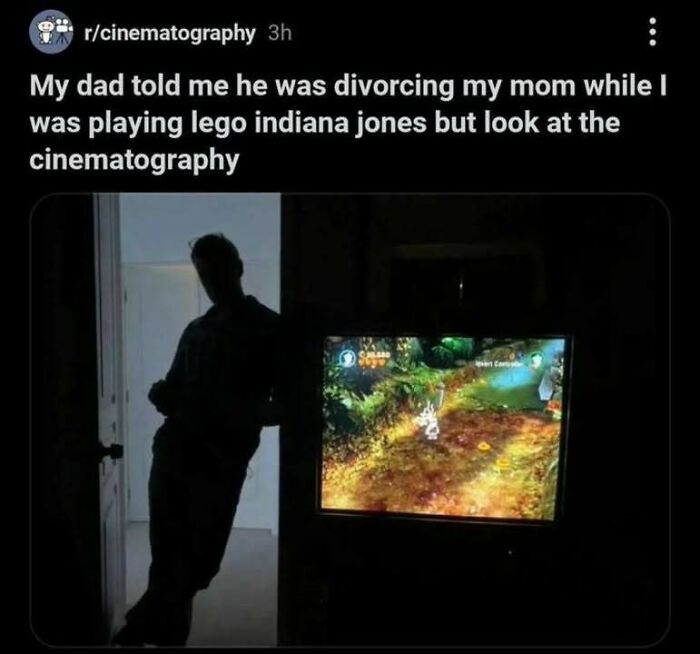 One of the hilarious memes showing a dark silhouette of a dad next to a TV playing Lego Indiana Jones.