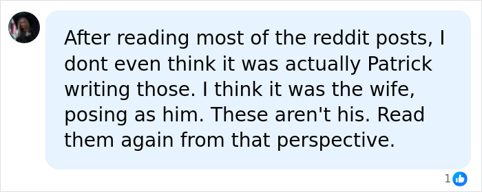 Comment suggesting Patrick Clancy's wife might have written Reddit posts Comment suggesting Patrick Clancy's wife might have written Reddit posts