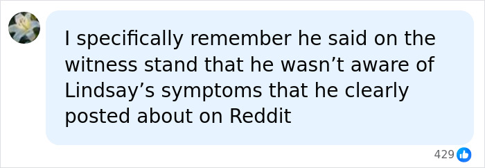 Comment mentioning Patrick Clancy’s Reddit posts about Lindsay's symptoms Comment mentioning Patrick Clancy’s Reddit posts about Lindsay's symptoms