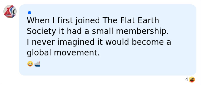 A social media post from a Flat Earth Society member reflecting on the society's growth from a small group to a global movement. A social media post from a Flat Earth Society member reflecting on the society's growth from a small group to a global movement.
