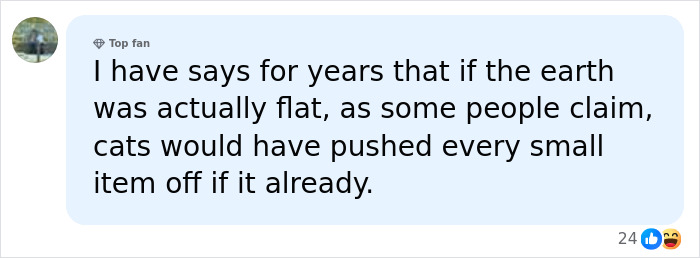 A social media post humorously arguing that if the Earth were truly flat, cats would have already pushed everything off its edge. A social media post humorously arguing that if the Earth were truly flat, cats would have already pushed everything off its edge.