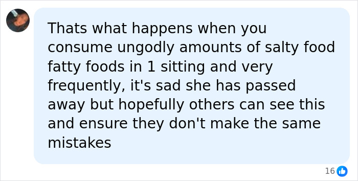 A social media comment discusses a mukbang star's passing due to extreme eating of salty, fatty foods, urging others to learn from her dangerous condition.