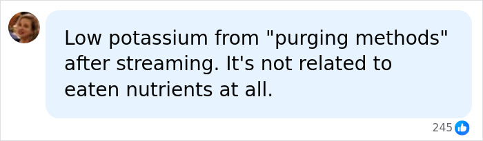 A social media comment explains low potassium from purging methods, not eaten nutrients, linked to extreme eating.