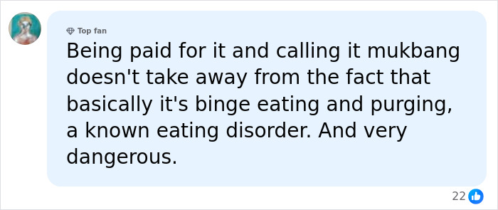 A social media comment discusses binge eating and purging, calling it a dangerous eating disorder linked to extreme eating.