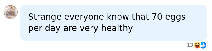A social media comment discusses the health implications of extreme eating, questioning if consuming 70 eggs daily is healthy for a mukbang star.