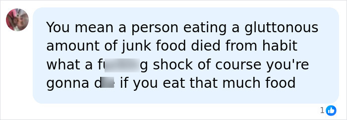 A social media comment discussing the dangerous condition linked to extreme eating by a mukbang star.