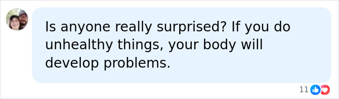 A social media comment discussing the dangerous condition linked to extreme eating by a mukbang star.