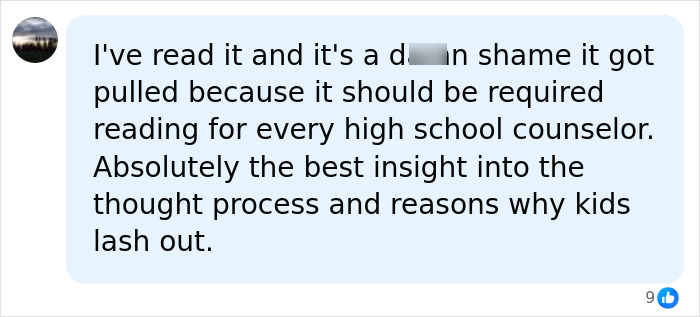 A social media comment on Stephen King's pulled book, advocating it as required reading for high school counselors. A social media comment on Stephen King's pulled book, advocating it as required reading for high school counselors.