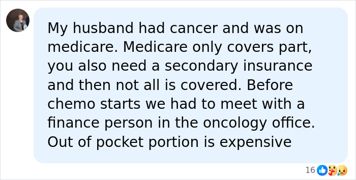 A social media comment explaining high medical expenses for cancer patients on Medicare. A social media comment explaining high medical expenses for cancer patients on Medicare.