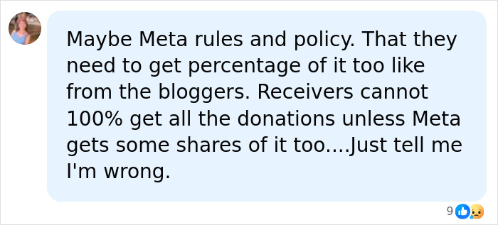 A social media comment discussing Meta rules and policy regarding donation shares. A social media comment discussing Meta rules and policy regarding donation shares.