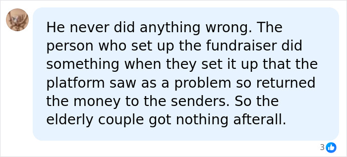 A comment about a cancelled fundraiser on GoFundMe that returned money to senders. A comment about a cancelled fundraiser on GoFundMe that returned money to senders.