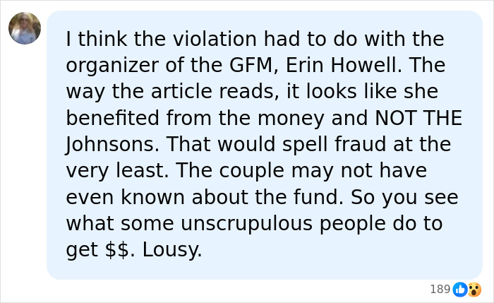 A comment speculating on potential fraud violations surrounding the GoFundMe cancer fundraiser organizer. A comment speculating on potential fraud violations surrounding the GoFundMe cancer fundraiser organizer.