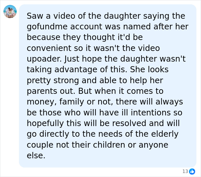 A comment analyzing a video where a daughter defends her elderly parents regarding their GoFundMe fundraiser. A comment analyzing a video where a daughter defends her elderly parents regarding their GoFundMe fundraiser.