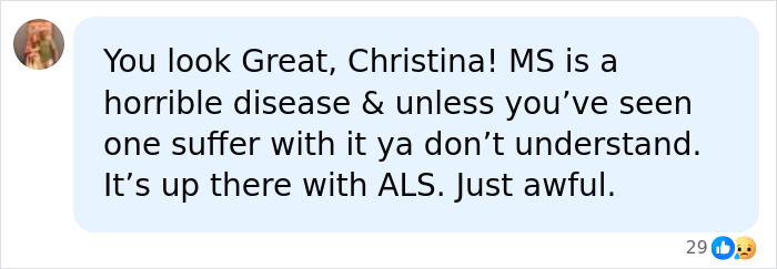 Supportive fan comment about Christina Applegate and her battle with MS, following first photos release Supportive fan comment about Christina Applegate and her battle with MS, following first photos release