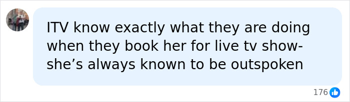 A social media comment discussing ITV booking a Harry Potter star known to be outspoken. A social media comment discussing ITV booking a Harry Potter star known to be outspoken.