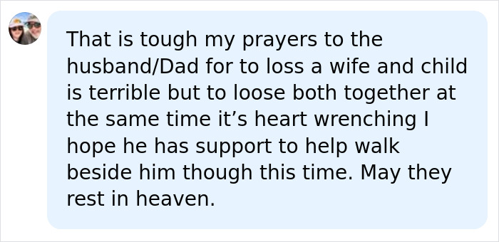 A sympathetic social media comment showing support for the husband after mother and daughter passed away