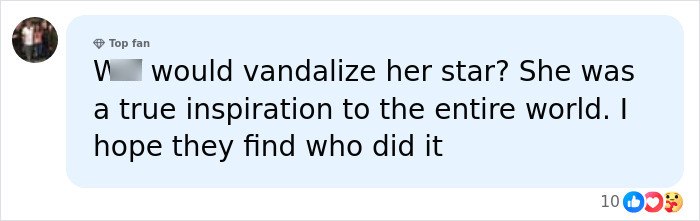 A social media comment by a Dolly Parton fan expressing shock and anger over the vandalism of her star. A social media comment by a Dolly Parton fan expressing shock and anger over the vandalism of her star.