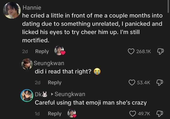 A bizarre comment exchange about licking crying eyes, ideal for a list of edgy and hilarious memes.