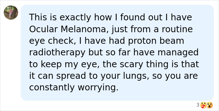 Online comment detailing a diagnosis of ocular melanoma and the fear of a tumor spreading.