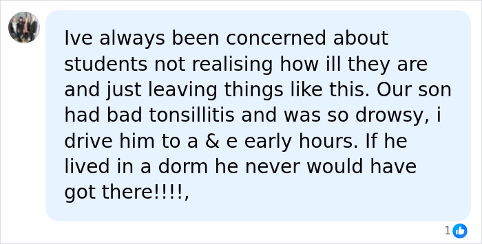 A social media comment expressing concern about students not realizing illness, particularly sepsis symptoms, often mistaken for a bad hangover.