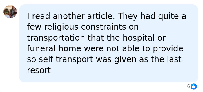 Comment on social media about a hospital lawsuit mentioning religious transport constraints Comment on social media about a hospital lawsuit mentioning religious transport constraints