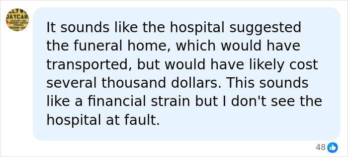Social media comment on a hospital lawsuit exploring funeral home transport costs Social media comment on a hospital lawsuit exploring funeral home transport costs