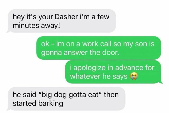Funny texts about food delivery in hilarious memes about kids barking at the door.